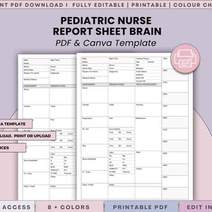 May include: A paediatric nurse report sheet brain template in PDF and Canva format. The document features structured sections for patient data, medical history, assessments, observations, tests, procedures, and hourly tracking from 1800 to 0800.