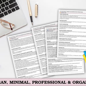May include: A workspace featuring a laptop, eyeglasses, and documents with text. The documents are labeled "Occupational Therapy Documentation Phrase Bank." Colorful pens and paper clips are also present. The image has the text "CLEAN, MINIMAL, PROFESSIONAL & ORGANIZED."