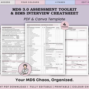 Puede incluir: Una plantilla digital titulada "MDS 3.0 Assessment Toolkit & BIMS Interview Cheatsheet". El documento es una plantilla PDF y Canva, que ofrece acceso instantáneo y cuatro opciones de color. El texto "Your MDS Chaos, Organized" se muestra en la parte inferior.
