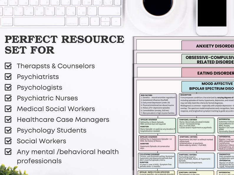 Peut inclure: Un ensemble de ressources pour les professionnels de la sant&eacute; mentale, y compris les th&eacute;rapeutes, les psychiatres et les psychologues. L'image pr&eacute;sente des listes de contr&ocirc;le et des fiches d'information sur des sujets tels que l'anxi&eacute;t&eacute; et les troubles bipolaires. Un clavier, un t&eacute;l&eacute;phone et une tasse de caf&eacute; sont visibles.