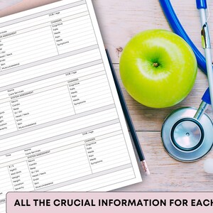 May include: A medical-themed image featuring a green apple, a stethoscope, and a medical form. The form includes sections for patient notes and system assessments. The text "ALL THE CRUCIAL INFORMATION FOR EACH VISIT" is visible.
