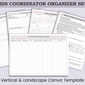 Peut inclure: Un ensemble d'organisation avec plusieurs feuilles de papier blanches. Les feuilles comprennent un calendrier 2026, un suivi d'&eacute;valuation et un guide de d&eacute;marrage rapide. Le texte "MDS Coordinator Organizer Set" et "Vertical & Landscape Canva Template" sont visibles.