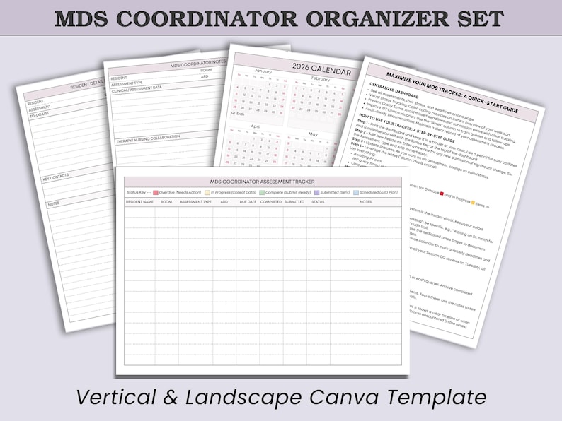 Peut inclure: Un ensemble d'organisation avec plusieurs feuilles de papier blanches. Les feuilles comprennent un calendrier 2026, un suivi d'&eacute;valuation et un guide de d&eacute;marrage rapide. Le texte "MDS Coordinator Organizer Set" et "Vertical & Landscape Canva Template" sont visibles.