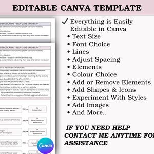 May include: A white and light gray Canva template with the text "EDITABLE CANVA TEMPLATE" at the top. The template includes bullet points listing features like text size, font choice, and color choice. The text "IF YOU NEED HELP CONTACT ME ANYTIME FOR ASSISTANCE" is also present.