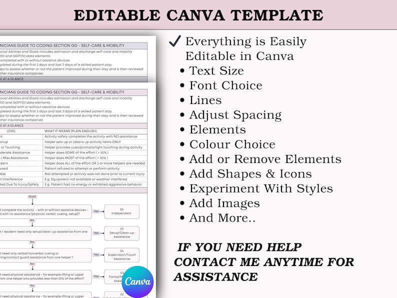 May include: A white and light gray Canva template with the text "EDITABLE CANVA TEMPLATE" at the top. The template includes bullet points listing features like text size, font choice, and color choice. The text "IF YOU NEED HELP CONTACT ME ANYTIME FOR ASSISTANCE" is also present.