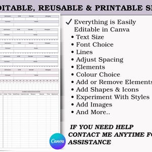 May include: A printable set with forms for medical documentation. The forms include sections for patient information and medication notes. The text on the right side of the image says the set is editable in Canva, with options for text size, font choice, and more.