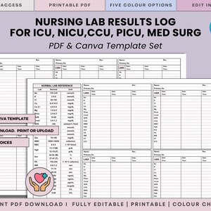 May include: A nursing lab results log template set for ICU, NICU, CCU, PICU, and Med Surg units. The document features a grid layout for tracking patient lab data, including a normal lab reference table with columns for lab, normal, and unit.