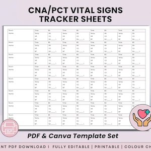 Op de afbeelding: Een wit CNA/PCT-formulier voor het bijhouden van vitale functies met zwarte tekst en rasterlijnen. Het document bevat velden voor kamer, naam, tijd, bloedsuiker, temperatuur, ademhalingsfrequentie, hartslag, zuurstof en bloeddruk. Inclusief harticoon.