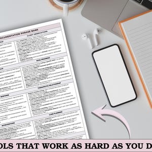 Peut inclure: Un document blanc intitul&eacute; "SESSION DOCUMENTATION PHRASE BANK" avec du texte, un smartphone, un bloc-notes et un crayon sur une surface gris clair. Le texte "TOOLS THAT WORK AS HARD AS YOU DO!!!" est en bas de l'image.
