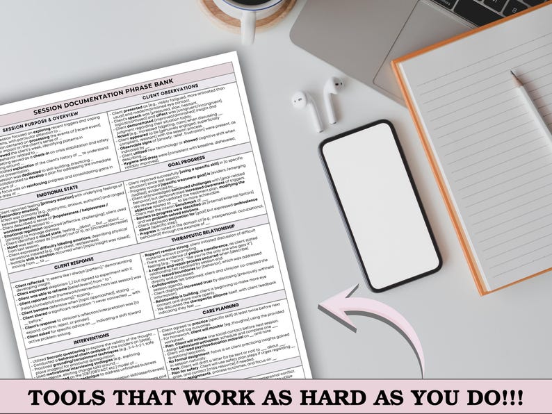 Peut inclure: Un document blanc intitul&eacute; "SESSION DOCUMENTATION PHRASE BANK" avec du texte, un smartphone, un bloc-notes et un crayon sur une surface gris clair. Le texte "TOOLS THAT WORK AS HARD AS YOU DO!!!" est en bas de l'image.