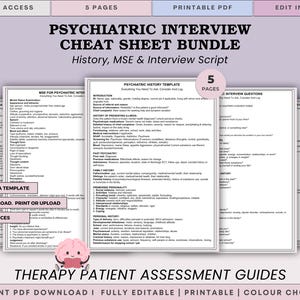 May include: A bundle of printable psychiatric interview cheat sheets. The sheets include templates for history, MSE, and interview scripts. The text includes "Psychiatric Interview Cheat Sheet Bundle" and "Therapy Patient Assessment Guides". The Canva logo is visible.