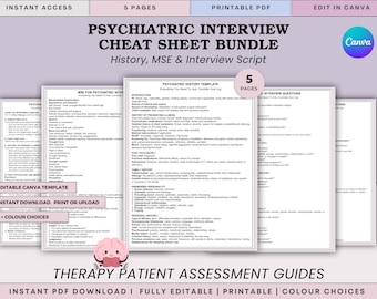 May include: A bundle of printable psychiatric interview cheat sheets. The sheets include templates for history, MSE, and interview scripts. The text includes "Psychiatric Interview Cheat Sheet Bundle" and "Therapy Patient Assessment Guides". The Canva logo is visible.