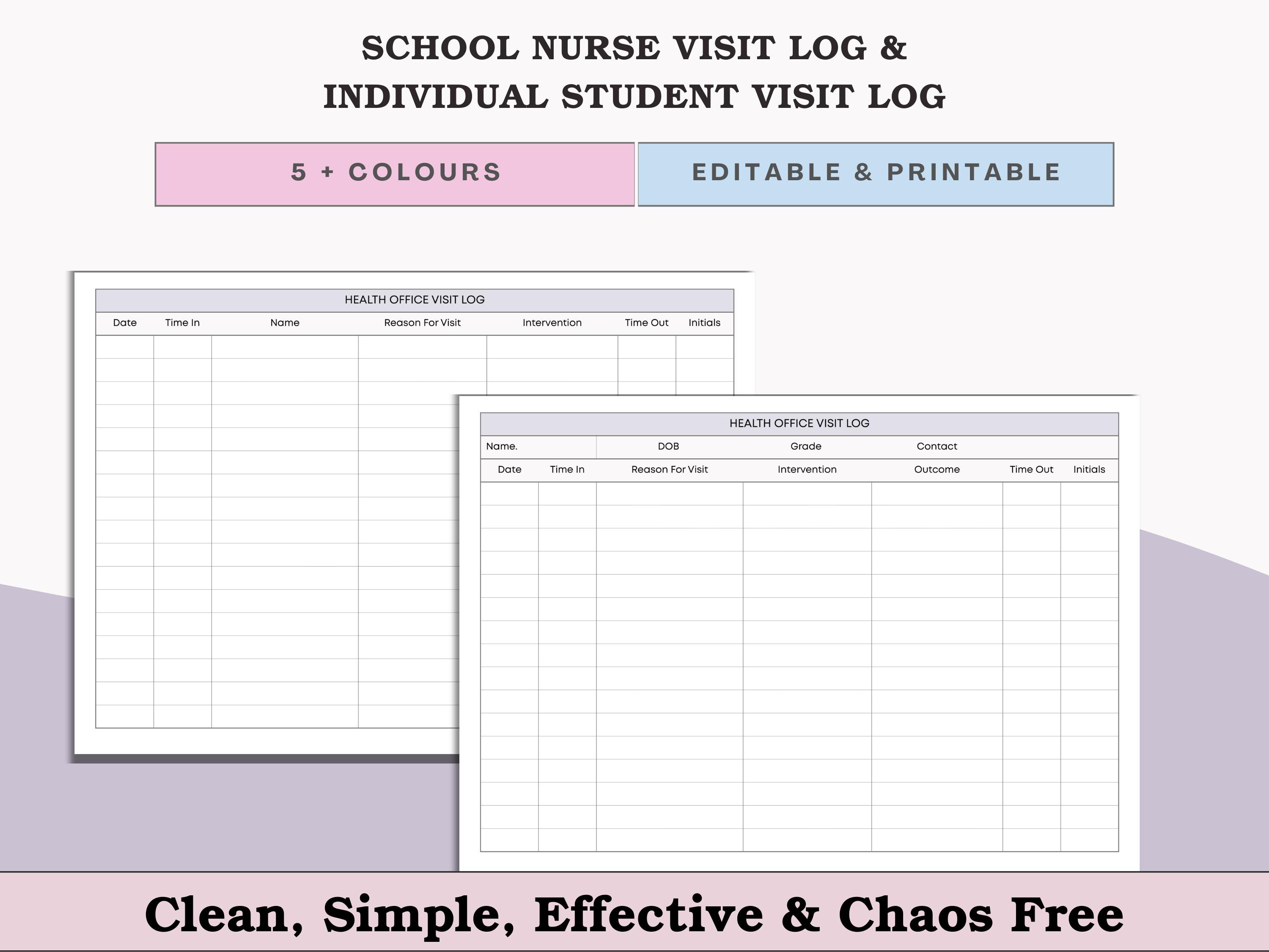 School Nurse Office Visit Log Templates - Individual Student & Health ...