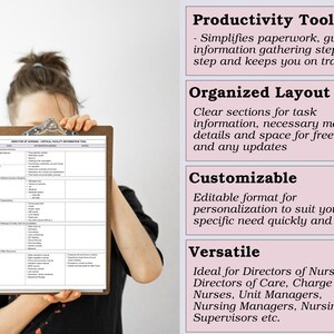 May include: A clipboard with a detailed form, held by a person. The form is for a Director of Nursing, with sections for information and actions. Text on the right describes the tool as a productivity tool, organized, customizable, and versatile.