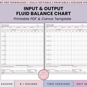 May include: A printable Input & Output Fluid Balance Chart template. The chart is fully editable and available in two versions and 8+ colors. The template is available for instant PDF download and can be edited in Canva.