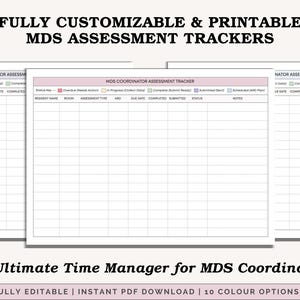 Peut inclure: Tableaux d'&eacute;valuation MDS imprimables avec une mise en page en grille pour le suivi des informations sur les r&eacute;sidents, le type d'&eacute;valuation, les dates d'&eacute;ch&eacute;ance et le statut. Le texte en haut indique "FULLY CUSTOMIZABLE & PRINTABLE MDS ASSESSMENT TRACKERS". Le texte en bas dit "The Ultimate Time Manager for MDS Coordinators."