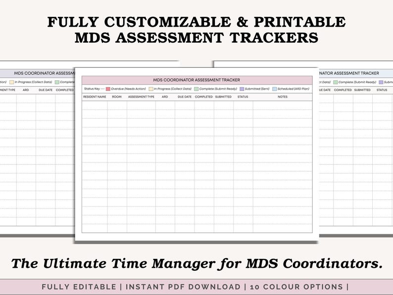 Peut inclure: Tableaux d'&eacute;valuation MDS imprimables avec une mise en page en grille pour le suivi des informations sur les r&eacute;sidents, le type d'&eacute;valuation, les dates d'&eacute;ch&eacute;ance et le statut. Le texte en haut indique "FULLY CUSTOMIZABLE & PRINTABLE MDS ASSESSMENT TRACKERS". Le texte en bas dit "The Ultimate Time Manager for MDS Coordinators."