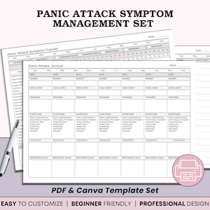 May include: A printable PDF and Canva template set for panic attack symptom management. The design includes a symptom tracker and journal with sections for symptoms, triggers, and thoughts. The text includes "Instant Access", "Three Colors", "Three Pages", and "Edit in Canva".