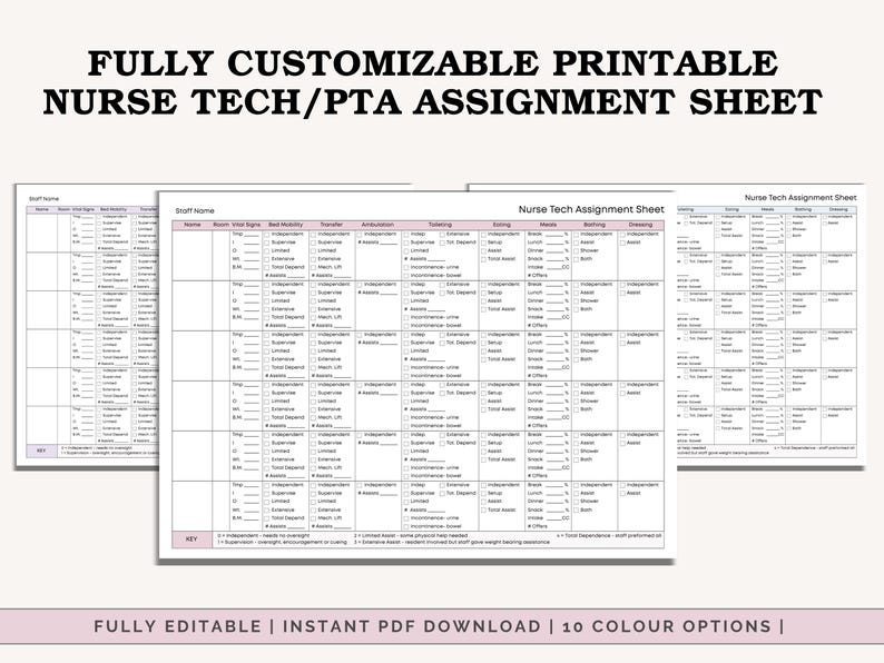 May include: Printable nurse tech and PTA assignment sheets. The sheets are fully customizable and feature a grid layout with sections for patient information, vital signs, and care details. The text "FULLY CUSTOMIZABLE PRINTABLE NURSE TECH/PTA ASSIGNMENT SHEET" is at the top.