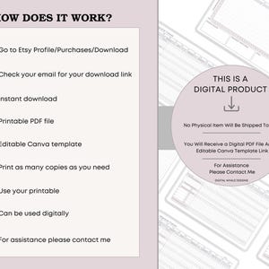 May include: Digital product information graphic with text: "How Does It Work?" and instructions for Etsy downloads. Includes a circular graphic stating "This is a Digital Product" and details about receiving a PDF and Canva template.