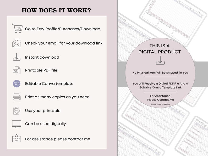 May include: Digital product information graphic with text: "How Does It Work?" and instructions for Etsy downloads. Includes a circular graphic stating "This is a Digital Product" and details about receiving a PDF and Canva template.