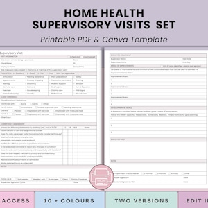 May include: A printable PDF and Canva template set for home health supervisory visits. The document includes sections for visit information, client experience, competency assessment, and employee follow-up. The design features a pink and white color scheme with the text "HOME HEALTH SUPERVISORY VISITS SET".