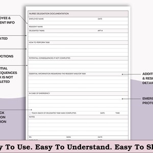 May include: A nurse delegation documentation form with sections for employee and resident information, delegated tasks, task instructions, and potential consequences. The form includes the text "Easy To Use. Easy To Understand. Easy To Share."