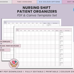 Puede incluir: Un conjunto de organizadores de turnos de enfermería en formato PDF y plantilla de Canva. Las plantillas son blancas con un diseño de cuadrícula para la programación e incluyen texto como "Nombre de la habitación", "Medicamentos" y "Tareas". La imagen también incluye texto como "Acceso instantáneo" y "Editar en Canva".