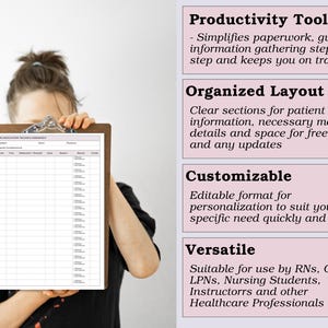 May include: A wooden clipboard with a white paper insert, held by a person. The paper has a grid layout for tracking and assessment. Text on the right describes the tool as a productivity tool, organised, customisable, and versatile.