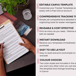 May include: A clipboard with a document is held by a person. The document is being written on with a pen. The text on the document is not clear. The image also includes text that says "EDITABLE CANVA TEMPLATE", "COMPREHENSIVE TRACKING TOOLS", "REUSABLE & COST EFFECTIVE", "INSTANT DOWNLOAD", "EASY TO USE LAYOUT", and "COLOUR CHOICES".