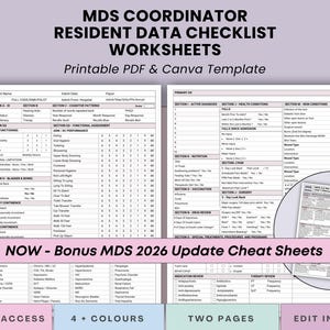 Può includere: Fogli di lavoro per la lista di controllo dei dati dei residenti del coordinatore MDS, modello PDF stampabile e Canva. Include due pagine di moduli di valutazione con sezioni per diagnosi, salute e valutazione funzionale, più fogli di riepilogo 2026.