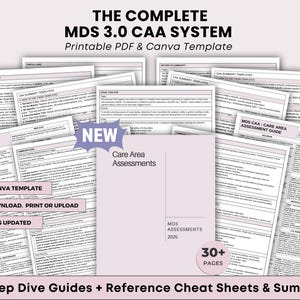 May include: A collection of printable PDF and Canva templates for the MDS 3.0 CAA System. The documents include care area assessment guides, reference cheat sheets, and summaries. The text includes "Editable Canva Template", "Instant Download. Print or Upload", and "New 2025 CMS Updated".