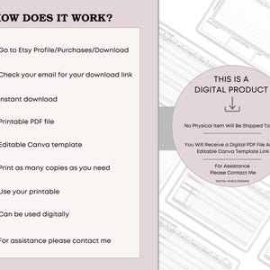 May include: A digital product information graphic with the text "HOW DOES IT WORK?" and instructions for downloading and using a PDF file and Canva template. The graphic includes the text "THIS IS A DIGITAL PRODUCT".