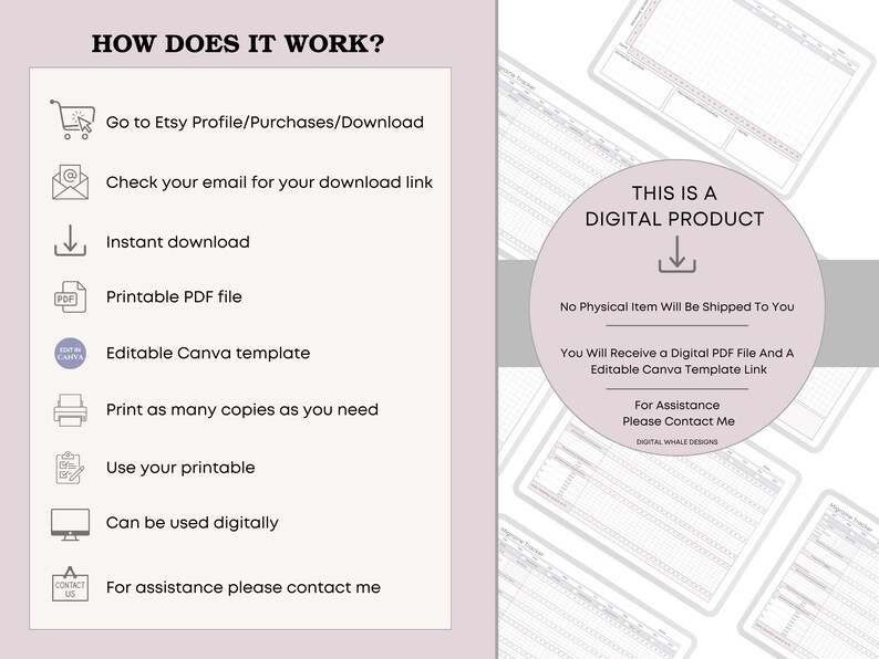 May include: A digital product information graphic with the text "HOW DOES IT WORK?" and instructions for downloading and using a PDF file and Canva template. The graphic includes the text "THIS IS A DIGITAL PRODUCT".