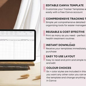 May include: A digital tablet displaying a medication administration record template, resting on stacked stone blocks. The image includes text describing the template's features: editable, comprehensive, reusable, instant download, easy to use, and color choices.