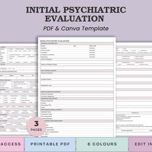 May include: A printable PDF and Canva template for an initial psychiatric evaluation. The document includes sections for personal information, medical history, and a review of systems. The template is available in 6 colors and offers instant access.