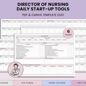 May include: A digital template for nursing directors, featuring daily start-up tools in PDF and Canva formats. The design includes six pages with sections for census, tasks, and admissions review. The template is available in three colors.