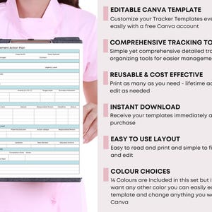 May include: A clipboard with a "Case Management Action Plan" form. The form has sections for details, action plans, and reviews. Text on the right side highlights features like editable templates, comprehensive tracking tools, and instant download.