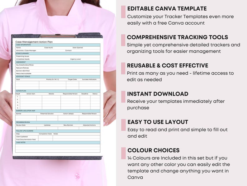 May include: A clipboard with a "Case Management Action Plan" form. The form has sections for details, action plans, and reviews. Text on the right side highlights features like editable templates, comprehensive tracking tools, and instant download.