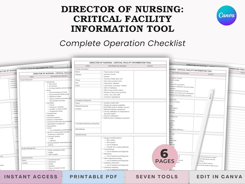 May include: A collection of white printable PDF documents titled "Director of Nursing: Critical Facility Information Tool" with a complete operation checklist. The documents include sections for information needed and notes. The image also includes the text "Instant Access", "Printable PDF", "Seven Tools", and "Edit in Canva".