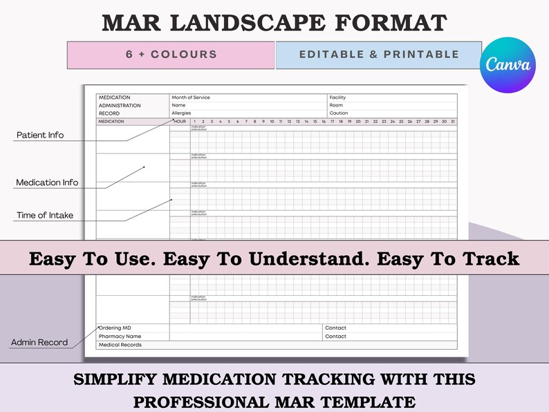 May include: A printable MAR (Medication Administration Record) template in landscape format. The template includes sections for patient info, medication info, and time of intake. Text on the image includes "Easy To Use. Easy To Understand. Easy To Track."