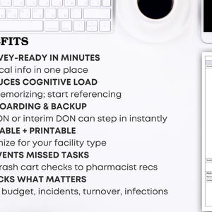 May include: A white desk setup with a keyboard, coffee cup, and smartphone. Text on the left reads "BENEFITS" followed by bullet points: "SURVEY-READY IN MINUTES", "REDUCES COGNITIVE LOAD", "ONBOARDING & BACKUP", "EDITABLE + PRINTABLE", "PREVENTS MISSED TASKS", and "TRACKS WHAT MATTERS".