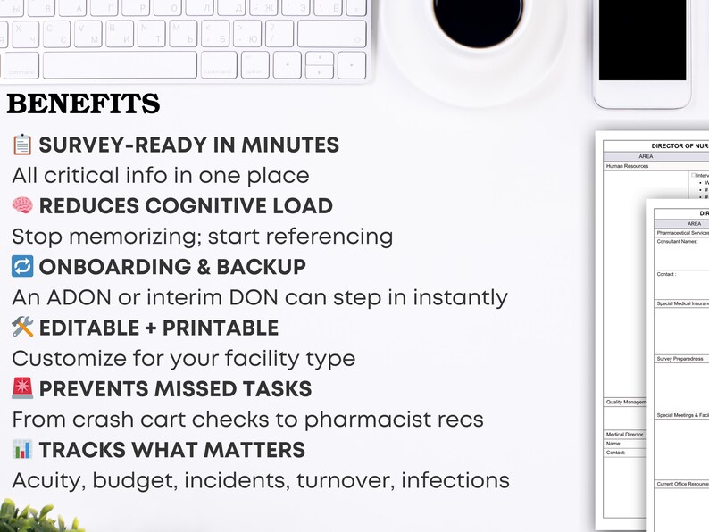 May include: A white desk setup with a keyboard, coffee cup, and smartphone. Text on the left reads "BENEFITS" followed by bullet points: "SURVEY-READY IN MINUTES", "REDUCES COGNITIVE LOAD", "ONBOARDING & BACKUP", "EDITABLE + PRINTABLE", "PREVENTS MISSED TASKS", and "TRACKS WHAT MATTERS".