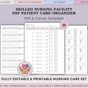 May include: A set of printable nursing care templates for a Skilled Nursing Facility (SNF). The documents include patient reports and hourly tracker sheets. The design includes the text "SKILLED NURSING FACILITY SNF PATIENT CARE ORGANIZER PDF & Canva Template".