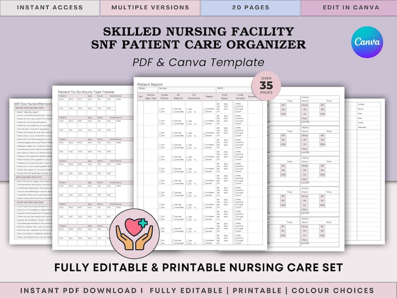 Peut inclure: Ensemble de mod&egrave;les imprimables de soins infirmiers pour un &eacute;tablissement de soins infirmiers qualifi&eacute;s (SNF). Les documents comprennent des rapports de patients et des feuilles de suivi horaires. Le texte "SKILLED NURSING FACILITY SNF PATIENT CARE ORGANIZER PDF & Canva Template".