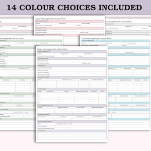 May include: A collection of "Case Management Action Plan" templates in various pastel colors, including pink, green, and blue. The text "14 COLOUR CHOICES INCLUDED" is at the top. Each template features sections for case information, assessment, and action plans.