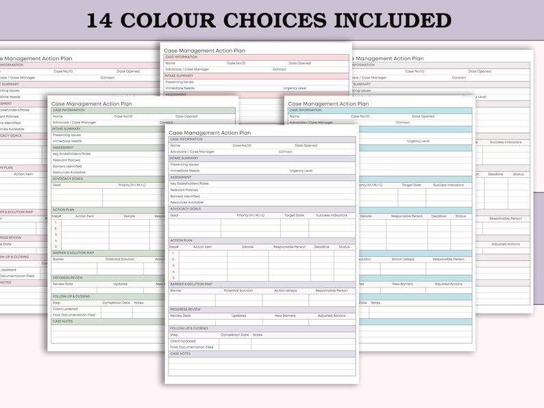 May include: A collection of "Case Management Action Plan" templates in various pastel colors, including pink, green, and blue. The text "14 COLOUR CHOICES INCLUDED" is at the top. Each template features sections for case information, assessment, and action plans.