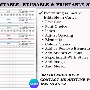 May include: A printable set of medication charts and records. The design includes sections for medication administration, patient information, and room details. The right side lists features like text size and color choice. The Canva logo is visible.