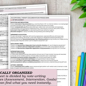 May include: Two occupational therapy documentation sheets with text, including "Knee Replacement" and "Hip Replacement" sections. Colorful markers and green leaves are in the background. The text includes assessment, interventions, and goals.