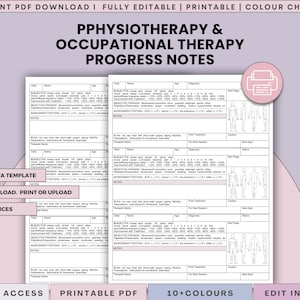 May include: A printable physiotherapy and occupational therapy progress notes template. The document includes sections for subjective and objective findings, assessment, and treatment plans, featuring anatomical diagrams for clinical documentation.